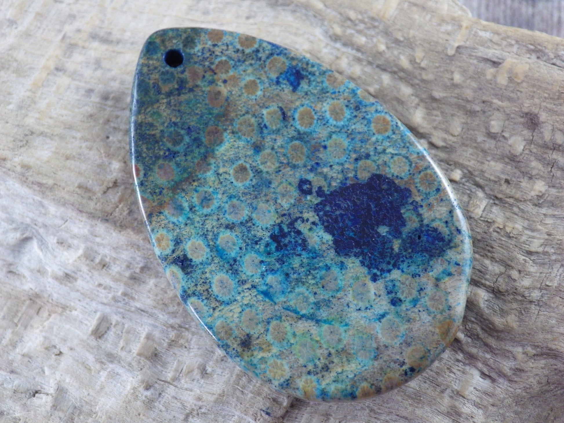 Blue Fossil Coral Jasper Teardrop Pendant, 47x31mm Semi Precious Gemstone, Necklace Pendant, Designers Loose Stone, Jewellery Supplies H9