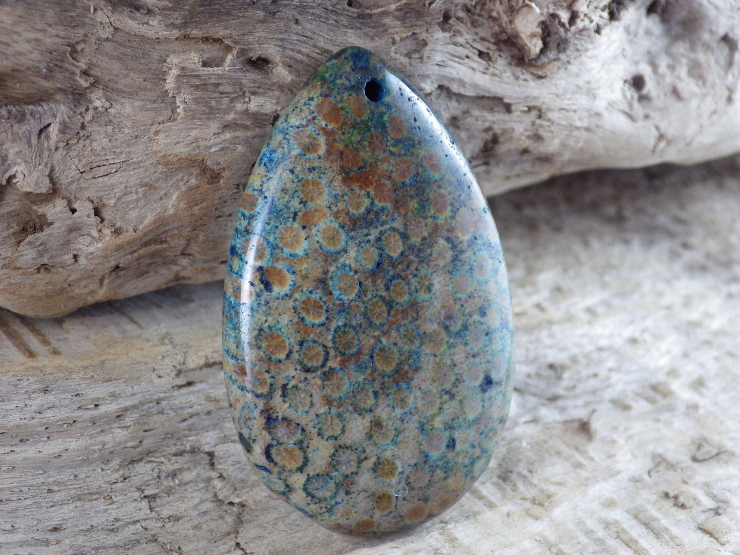 Blue Fossil Coral Jasper Teardrop Pendant, 47x31mm Semi Precious Gemstone, Necklace Pendant, Designers Loose Stone, Jewellery Supplies H9