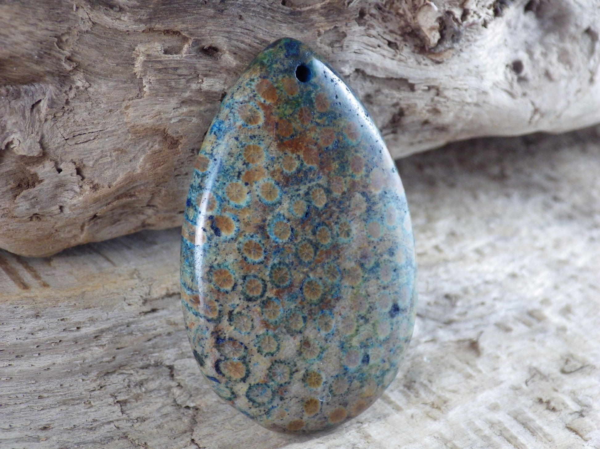 Blue Fossil Coral Jasper Teardrop Pendant, 47x31mm Semi Precious Gemstone, Necklace Pendant, Designers Loose Stone, Jewellery Supplies H9