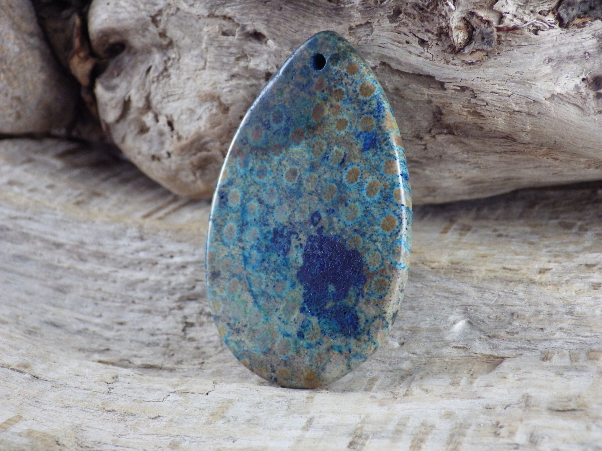 Blue Fossil Coral Jasper Teardrop Pendant, 47x31mm Semi Precious Gemstone, Necklace Pendant, Designers Loose Stone, Jewellery Supplies H9