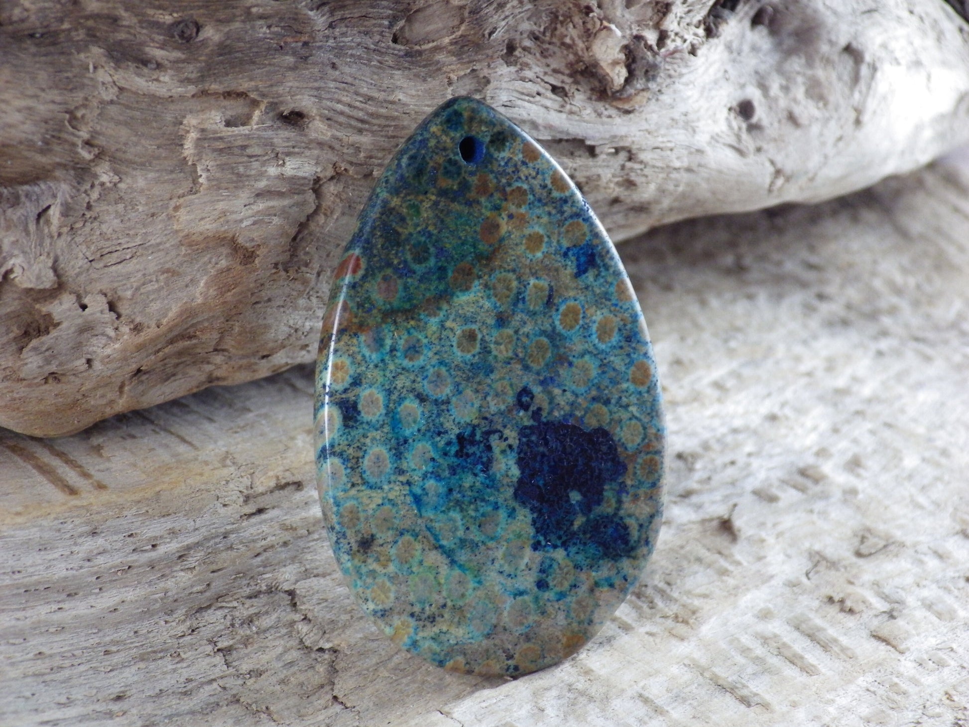 Blue Fossil Coral Jasper Teardrop Pendant, 47x31mm Semi Precious Gemstone, Necklace Pendant, Designers Loose Stone, Jewellery Supplies H9